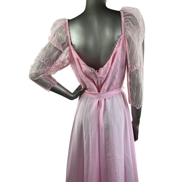 Vintage 1980s Pink Maxi Dress with Mesh and Embroidered Bodice Medium - Picture 4 of 8
